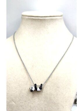 Enameled Black & White Panda Bear Pendant On Chain